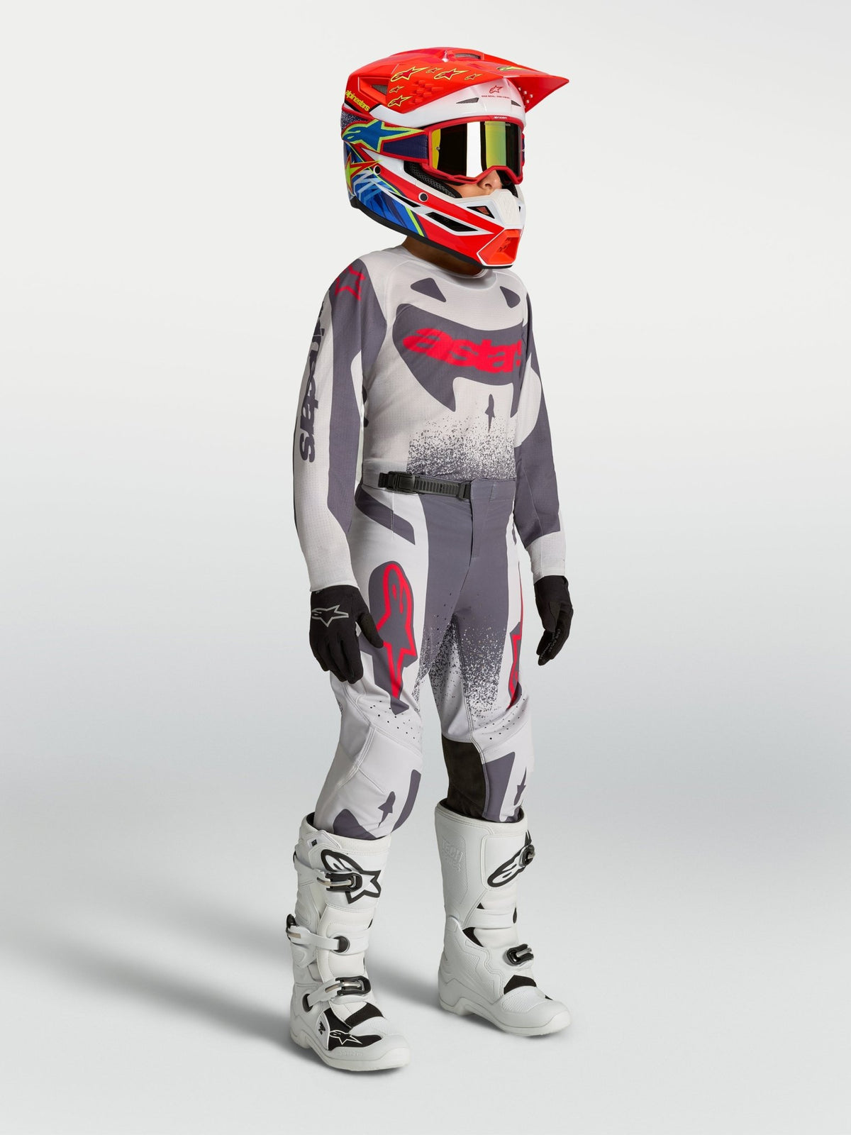 Alpinestars Pantalón Juvenil Supertech Swan 2027, Lila Claro, Gris Oscuro y Rojo Fluorescente - MxProStoreParts