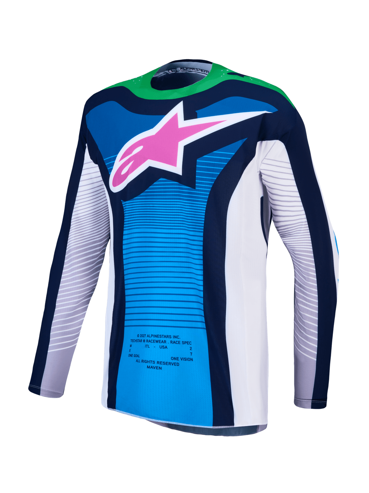 Alpinestars Techstar Maven Jersey 2027 White, Blithe Blue, Fluorescent Green - MxProStoreParts