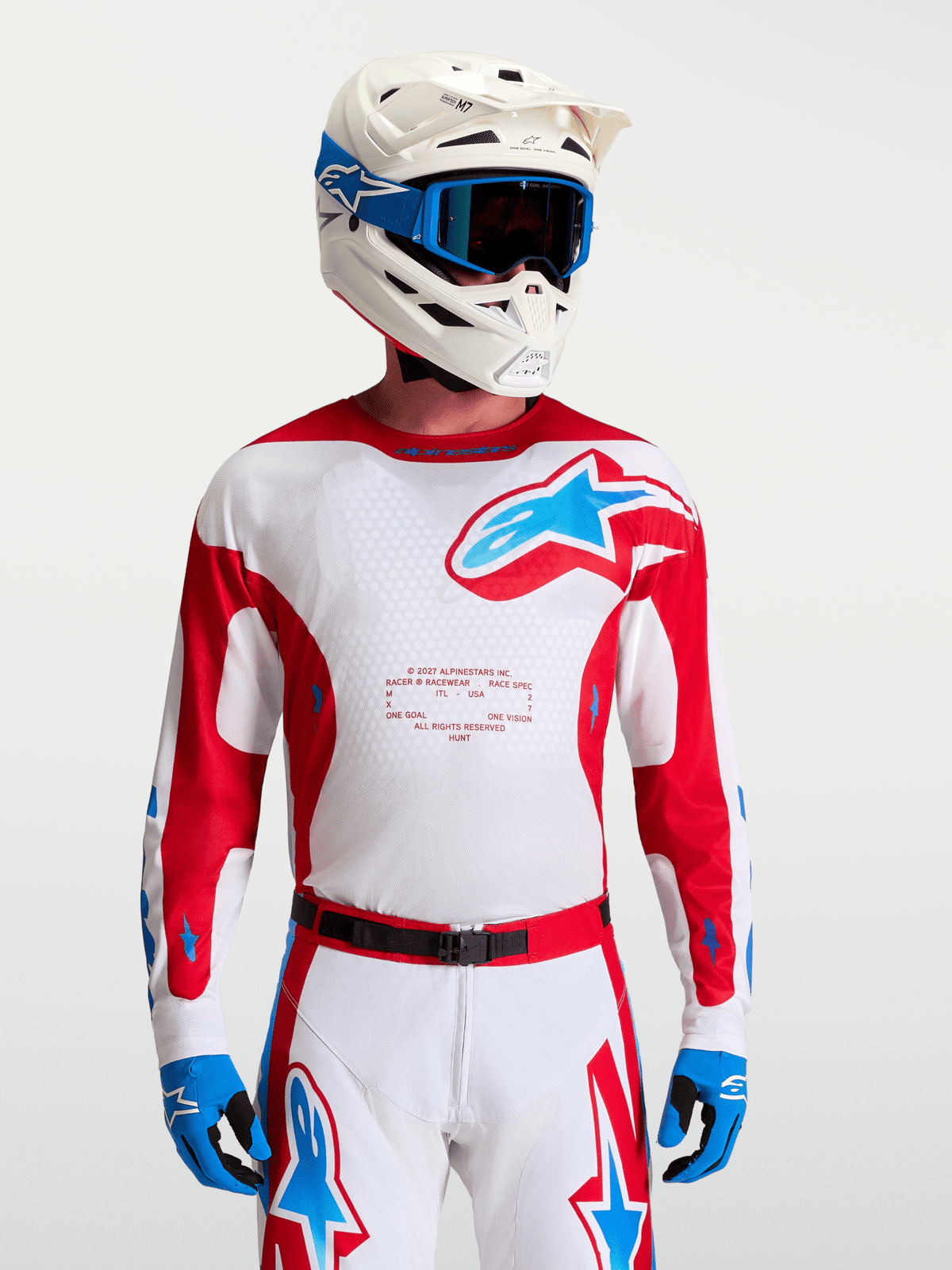 Maillot Alpinestars Racer Hunt 2027 – Blanc, Rouge Feu, Bleu UCLA - MxProStoreParts