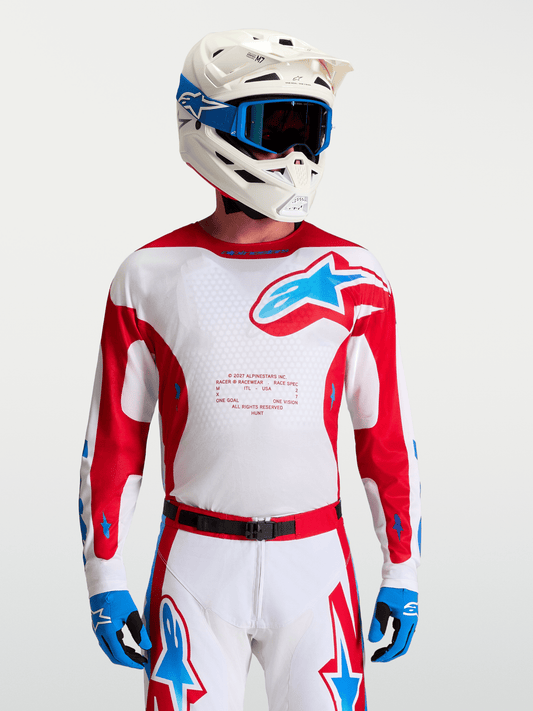 Maillot Alpinestars Racer Hunt 2027 – Blanc, Rouge Feu, Bleu UCLA