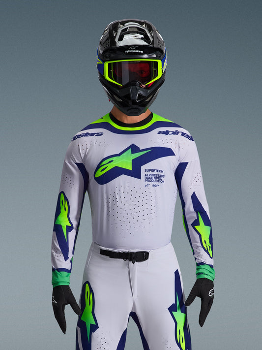 Alpinestars Supertech Vista Maillot de motocross 2026 Gris Clair Jaune Fluo Bleu