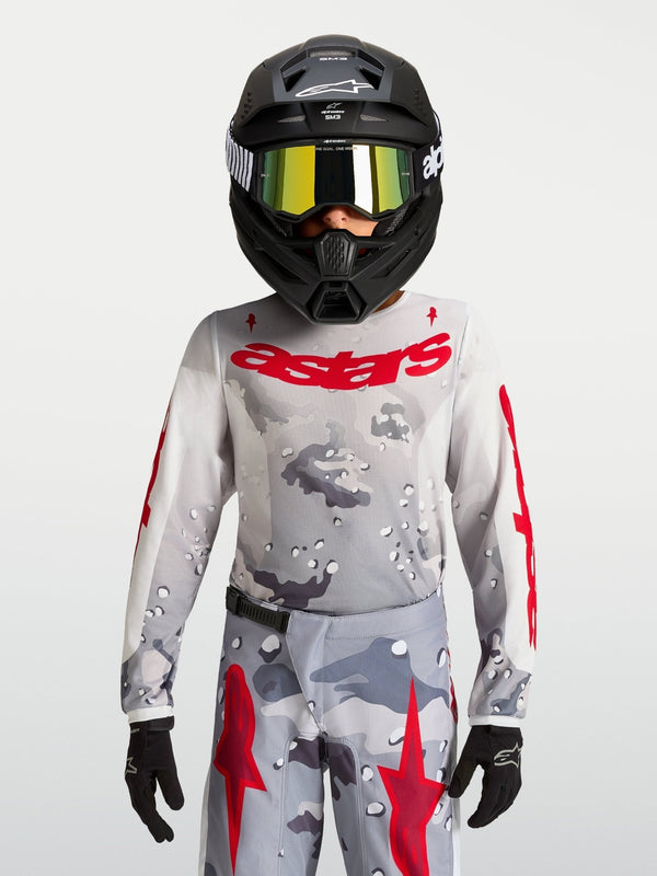 Alpinestars Maillot Fluid Lone pour Jeunes 2027 Gris Camo Blanc Rouge Feu - MxProStoreParts