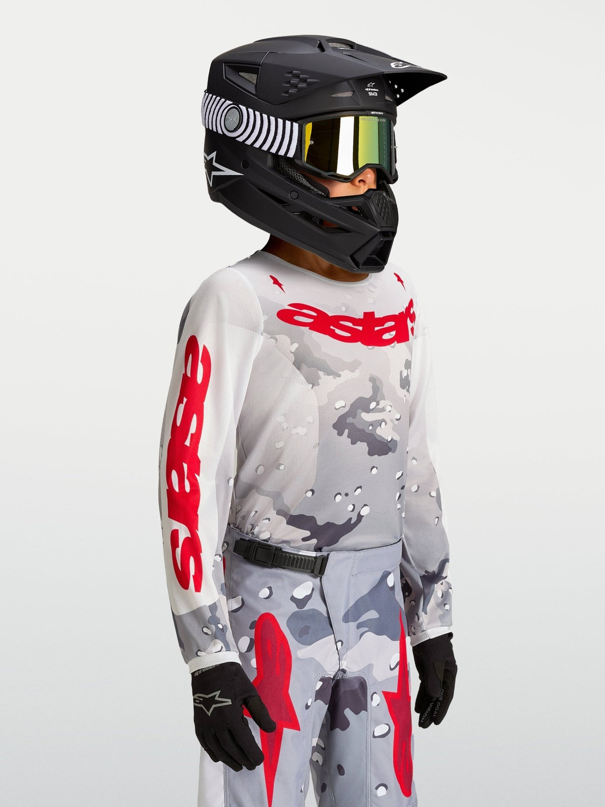 Alpinestars Maillot Fluid Lone pour Jeunes 2027 Gris Camo Blanc Rouge Feu - MxProStoreParts
