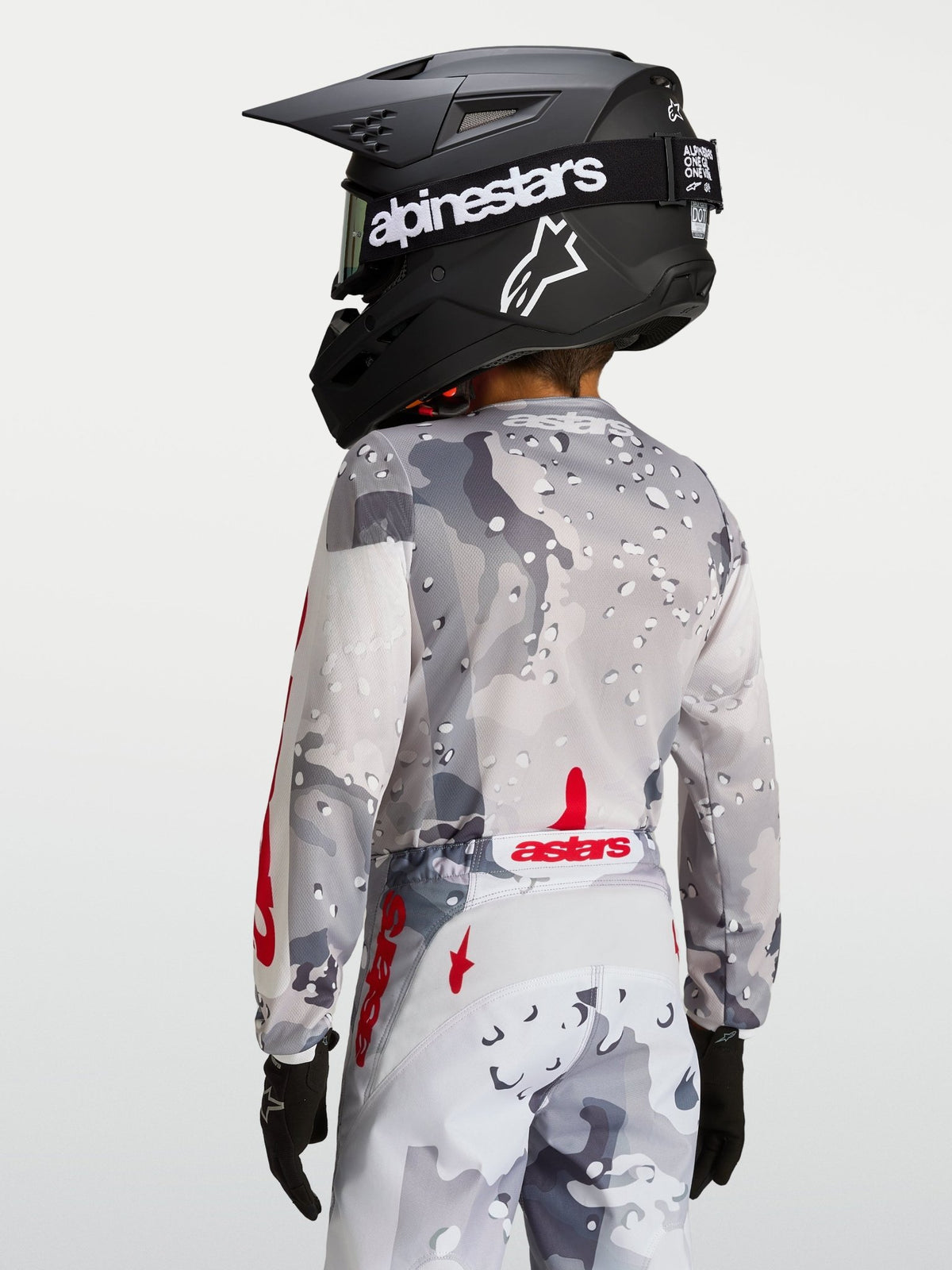 Alpinestars Maillot Fluid Lone pour Jeunes 2027 Gris Camo Blanc Rouge Feu - MxProStoreParts