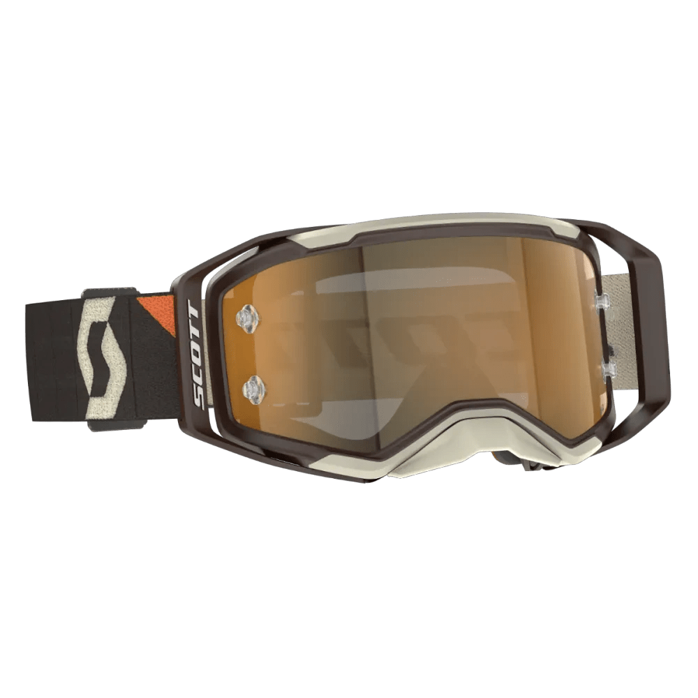 Scott Prospect 2.0 AMP Masque de motocross Marron Foncé / Beige (Verres : Chrome Works Doré) - MxProStoreParts