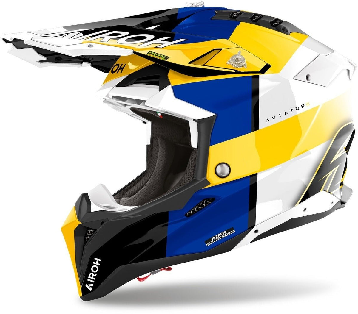 Airoh Aviator 3 Monarch Casque de motocross bleu blanc jaune - MxProStoreParts