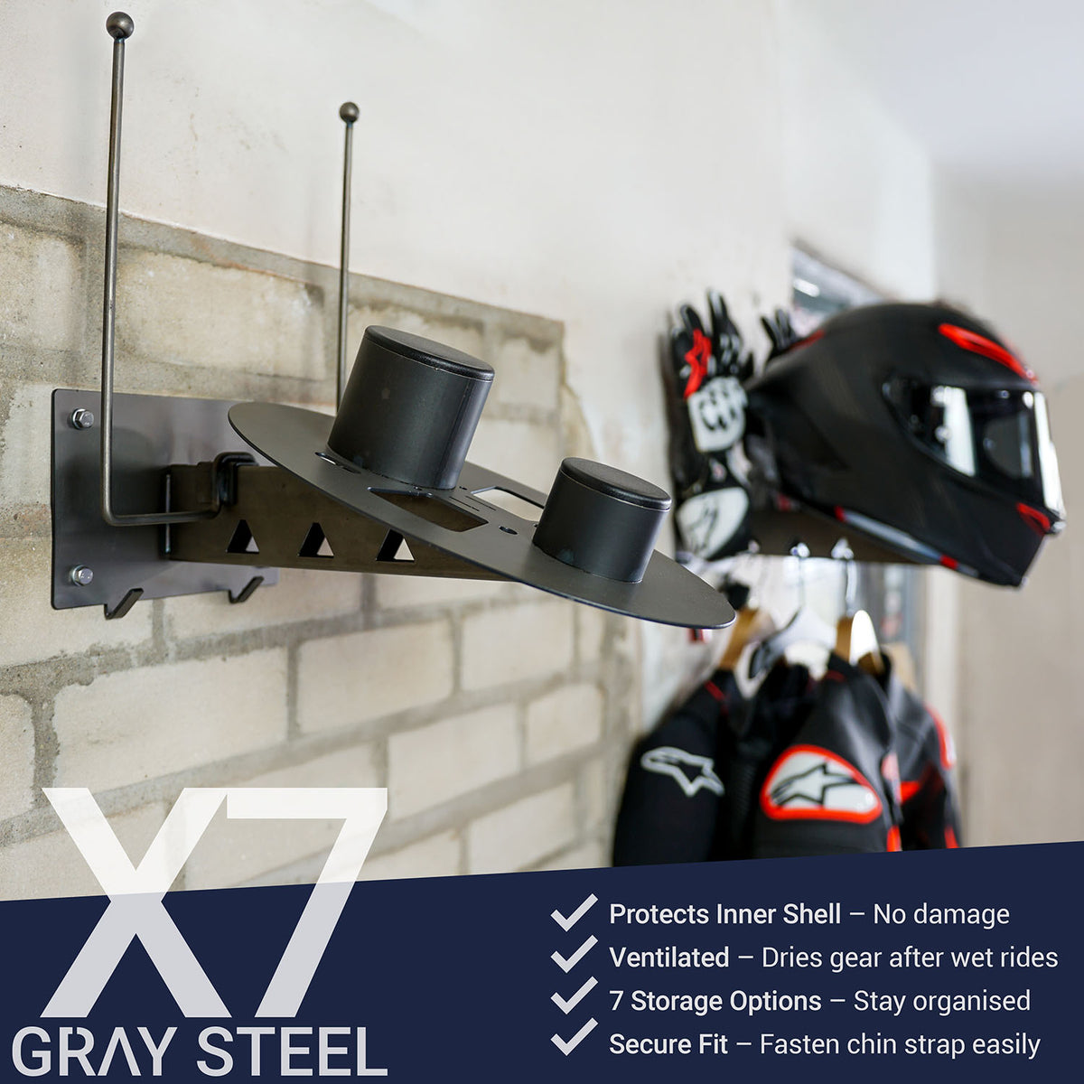 Gray steel X7 helmet & gear wall mount - MxProStoreParts