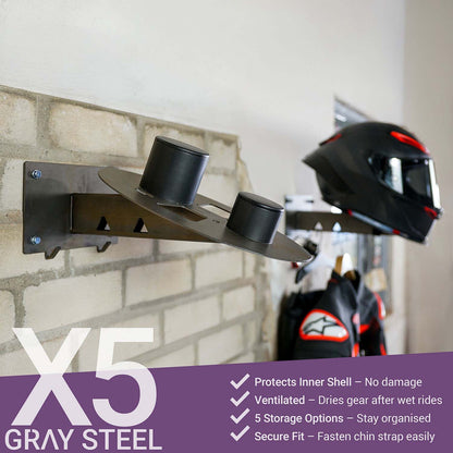 Gray steel X5 helmet & gear wall mount - MxProStoreParts