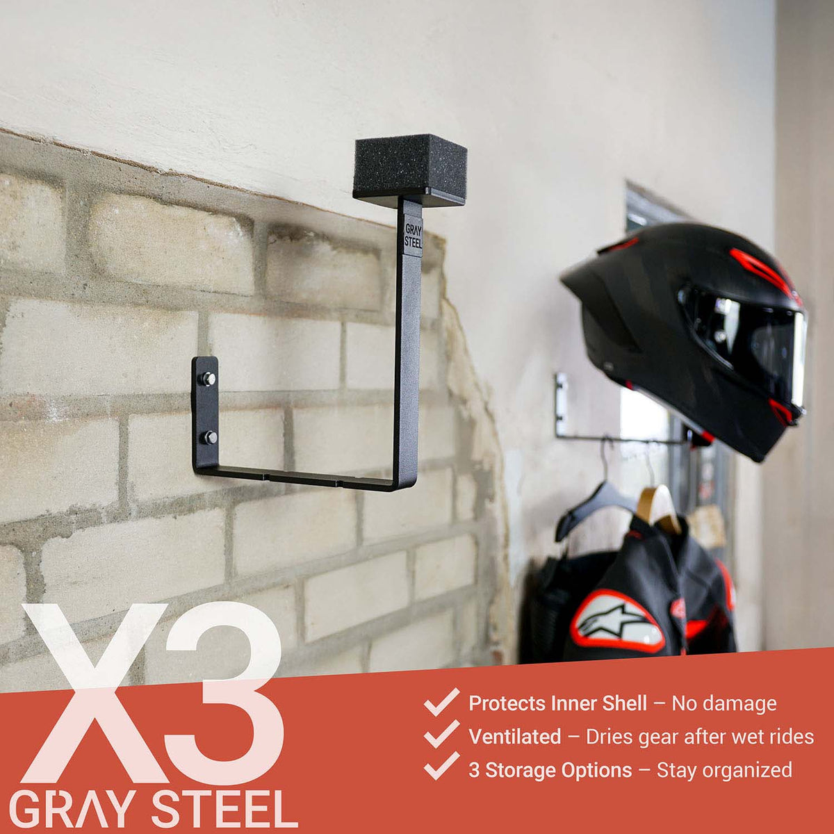 Gray steel X3 helmet & gear wall mount - MxProStoreParts