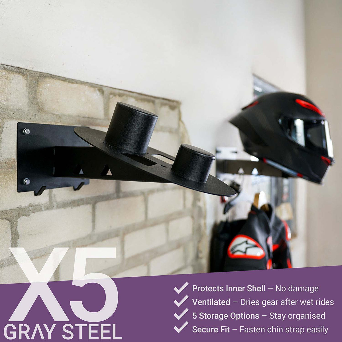 Gray steel X5 helmet & gear wall mount - MxProStoreParts