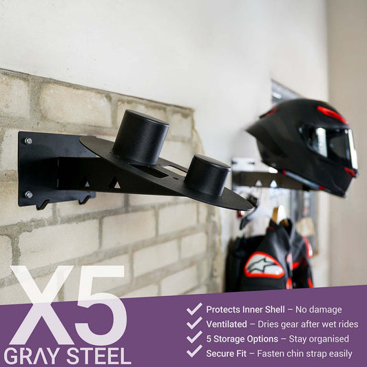 Gray steel X5 helmet & gear wall mount
