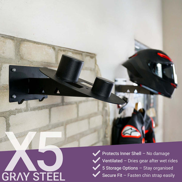 Gray steel X5 helmet & gear wall mount - MxProStoreParts