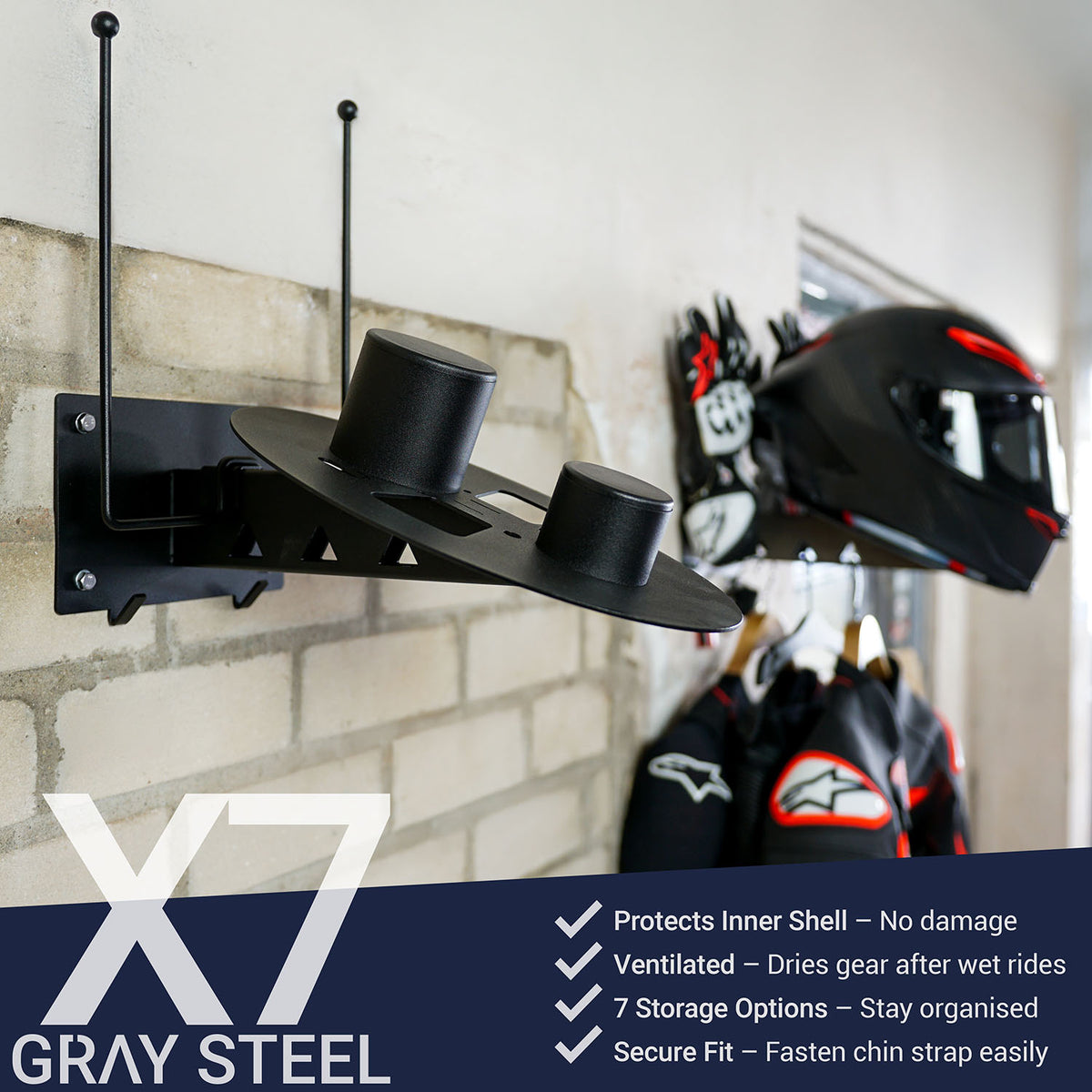 Gray steel X7 helmet & gear wall mount - MxProStoreParts