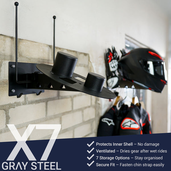 Gray steel X7 helmet & gear wall mount - MxProStoreParts