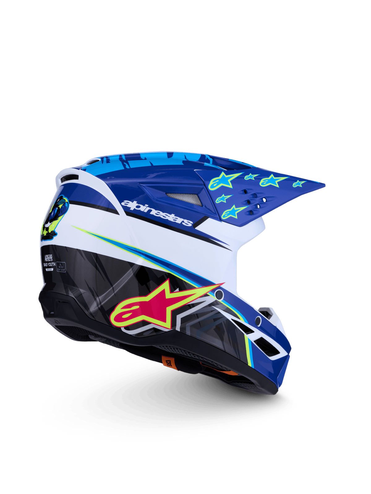 Alpinestars Casco Falcon S-M3 para jóvenes ECE 22.06 – Azul, blanco, negro, rosa fluorescente, amarillo fluorescente, brillante - MxProStoreParts